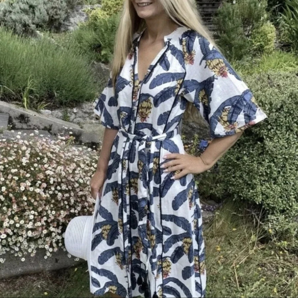 DESMOND & DEMPSEY H&M S Linen-Blend Kaftan Midi Belted Button Up Tropical Dress - Picture 11 of 16